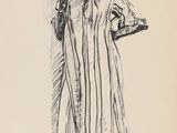 une image représentant le dessin d'une femme en robe et avec un chapeau