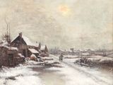 an image of a painting of a village in the snow