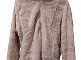 beige fur jacket on a hanger on a white background