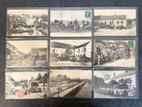 several old black and white photographs of a train station