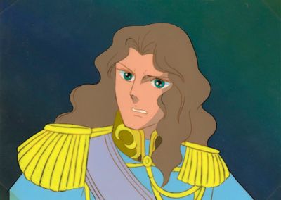 un tableau représentant un homme aux cheveux longs, vêtu d'une tenue bleue et jaune