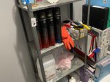 a shelf with cleaning supplies on it in a room