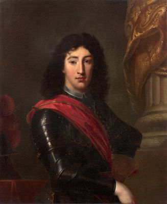 un tableau représentant un homme en costume noir et écharpe rouge