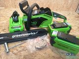 the greenworkss electric chainsaws are sitting on a table