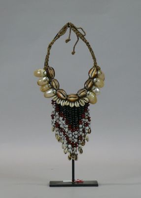 beaded necklace with shells and pearls on a stand on a white background