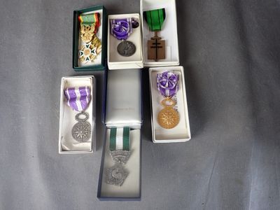 five medals and a medal in a box on a table