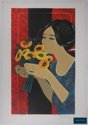 a painting of a woman holding a bouquet of sunflowers