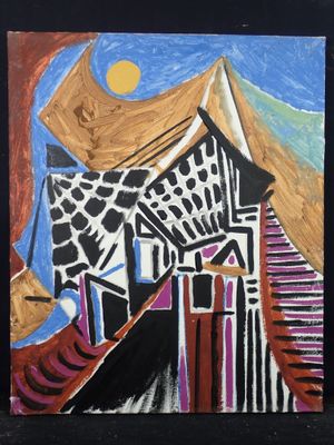 un tableau représentant une girafe debout devant un immeuble
