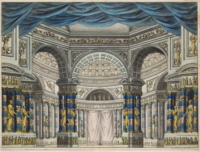 drawing of the interior of a palace with blue curtains and gold decorations