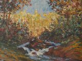 an oil painting of a stream running through a forest filled with trees