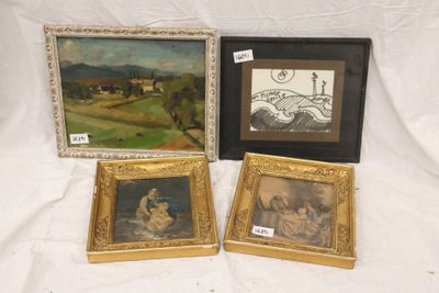 three framed pictures of a woman and a man in a landscape