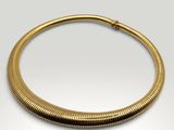 a gold necklace on a white background