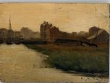 tableau représentant un tableau d'une rivière avec un bateau sur l'eau