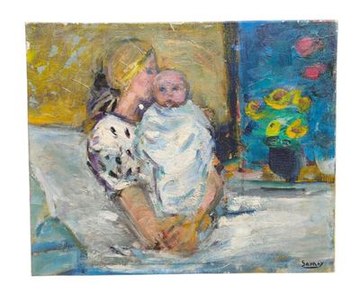 SAVARY Robert (1920-2000). "Femme à l'enfant''