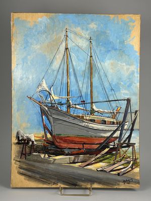 an oil painting of a boat sitting on top of a sandy beach
