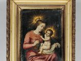 une peinture représentant une femme tenant un bébé sur ses genoux