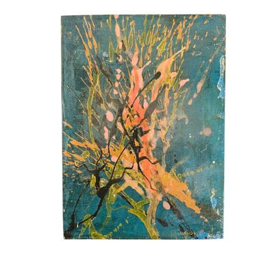 peinture abstraite représentant des fleurs orange et jaunes sur fond bleu