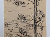 a drawing of a tree and sheep in a field with hills in the background