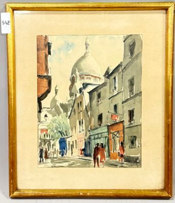 une image représentant une peinture d'une scène de rue avec des bâtiments et des personnages