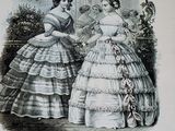 an old fashion illustration of two women in formal dresses
