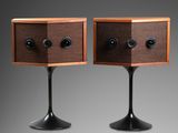 a pair of speakers with wooden sides and black bases