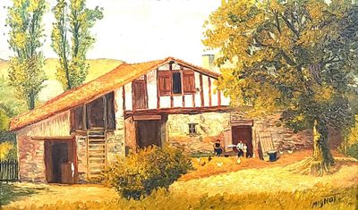 a painting of a barn in a field with a horse
