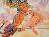 painting of a man and a dog playing with each other on a beach