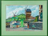 tableau représentant un bâtiment écologique avec un moulin à vent en arrière-plan