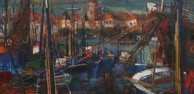 a painting of boats in a harbor with buildings in the background