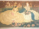 painting of two women sitting on a bench in a park