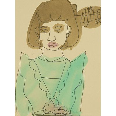 dessin représentant une femme tenant un panier de provisions à la main