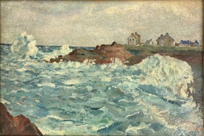 an image of a painting of waves crashing on a rocky shore