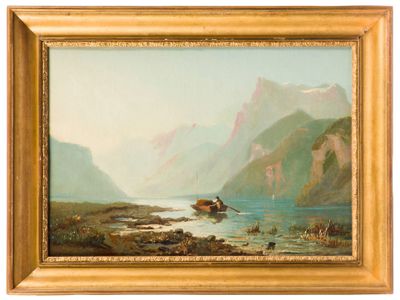 une image représentant un tableau où l'on voit un bateau sur un plan d'eau, avec des montagnes en arrière-plan