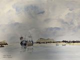 une aquarelle représentant un bateau sur un plan d'eau