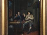 une peinture à l'huile représentant trois hommes assis à une table dans une pièce
