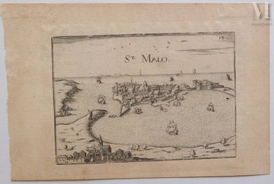 an old drawing of a view of a town from the top of a hill