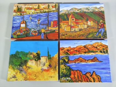 ensemble de quatre tableaux représentant un paysage avec des bateaux sur l'eau
