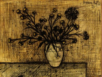 a drawing of a vase of flowers on a table