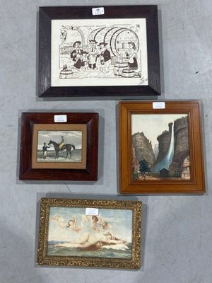 four framed pictures hanging on the wall of a room