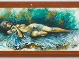 tableau représentant une femme en robe bleue allongée sur le ventre
