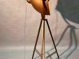 a lamp that is sitting on a tripod with a light on it