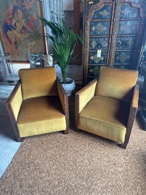 pair of mid century style chairs in mustard velvet upholstered