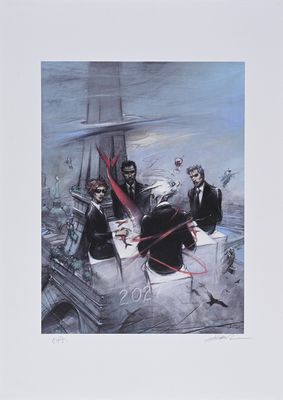 une image représentant un tableau où l'on voit un groupe de personnes assises à l'avant d'un bateau