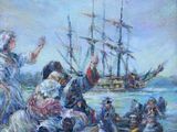 tableau représentant un groupe de personnes sur une plage, avec un bateau en arrière-plan