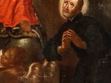 an old painting of a man holding a baby in a room