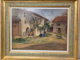 une peinture à l'huile représentant une scène de village, dans un cadre doré