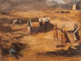 an oil painting of a group of people working in a field
