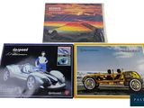 three postcards with a picture of a man driving a car