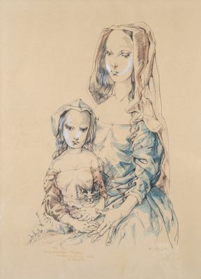 l'image d'un dessin représentant une femme tenant un enfant dans ses bras
