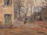 painting of a person walking down a street past a building
